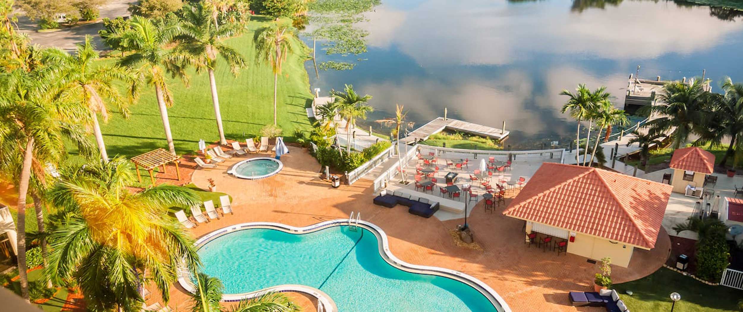 Aerial view of the Palm Beach Airport Hilton pool area